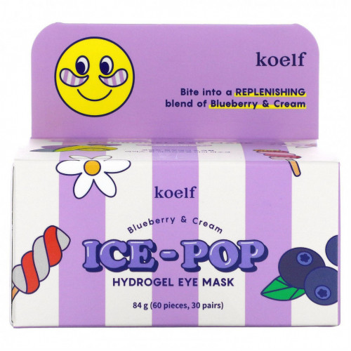 Koelf, Гидрогелевая маска для глаз Ice-Pop, черника и крем, 30 пар