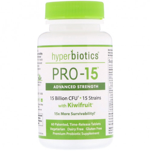 Hyperbiotics, PRO-15, сила в сочетании с плодами киви, 60 запатентованных таблеток с эффектом медленного высвобождения