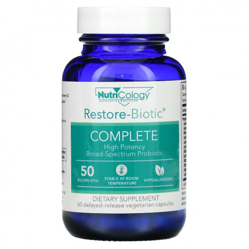 Nutricology, Restore-Biotic Complete, 50 миллиардов, 60 вегетарианских капсул с отсроченным высвобождением