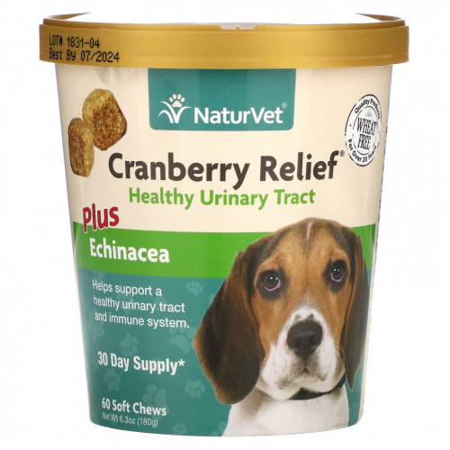 NaturVet, Cranberry Relief, с эхинацеей, добавка для поддержки здоровья мочевыводящих путей и поддержки иммунитета, для собак, 60 жевательных таблеток, 180 г (6,3 унции)