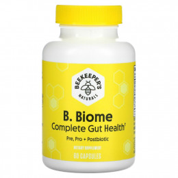 Beekeeper's Naturals, B. Biome Complete Gut Health, Pre, Pro + Postbiotic, 60 Capsules