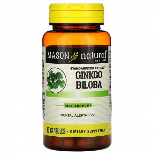 Mason Natural, гинкго билоба, стандартизированный экстракт, 60 капсул