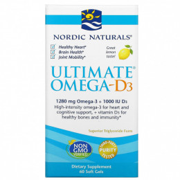 Nordic Naturals, Омега-D3 Ultimate, лимон, 1000 мг, 60 гелевых капсул