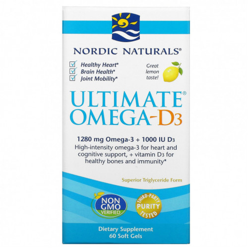 Nordic Naturals, Омега-D3 Ultimate, лимон, 1000 мг, 60 гелевых капсул