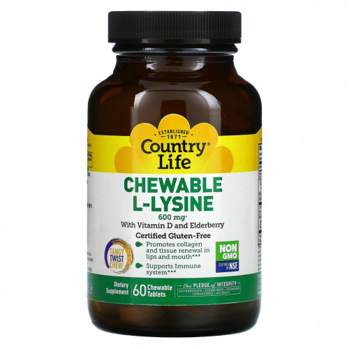 Country Life, Chewable L-Lysine, With Vitamin D and Elderberry, 300 mg, 60 Chewable Tablets