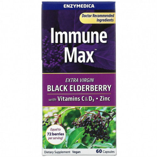 Enzymedica, Immune Max, черная бузина с витаминами C и D3, цинком, 60 капсул