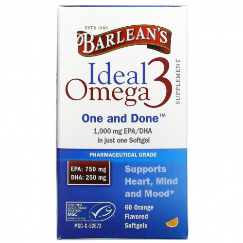 Barlean's, Ideal Omega 3, апельсин, 1000 мг EPA / DHA, 60 мягких таблеток