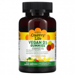 Country Life, Vegan D3 Gummies, Lemon, Strawberry & Orange Flavors, 1000 IU, 60 Gummies