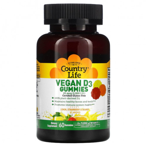 Country Life, Vegan D3 Gummies, Lemon, Strawberry & Orange Flavors, 1000 IU, 60 Gummies