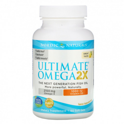 Nordic Naturals, Ultimate Omega 2X с витамином D3, лимон, 60 мягких желатиновых капсул