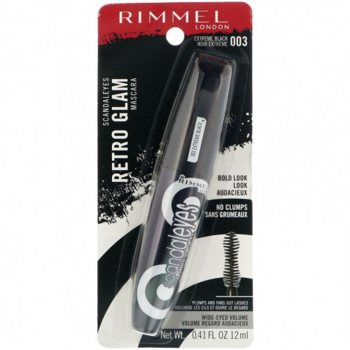 Rimmel London, Тушь для ресниц Scandaleyes Retro Glam, 003 угольно-черная, 12 мл