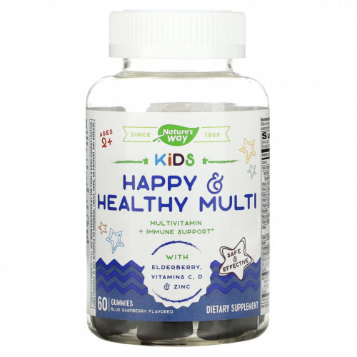 Nature's Way, Kids, Happy & Healthy Multi, мультивитамины для детей от 2 лет, малиновый вкус, 60 жевательных мармеладок