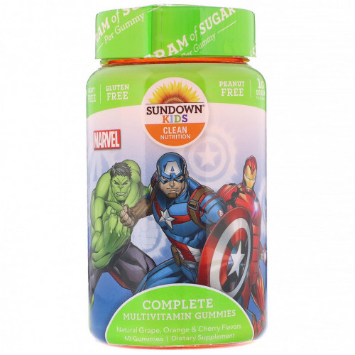 Sundown Naturals Kids, Жевательные конфеты с полноценным комплексом витаминов, «Marvel Avengers», натуральные ароматизаторы со вкусом винограда, апельсина и вишни, 60 жевательных конфет