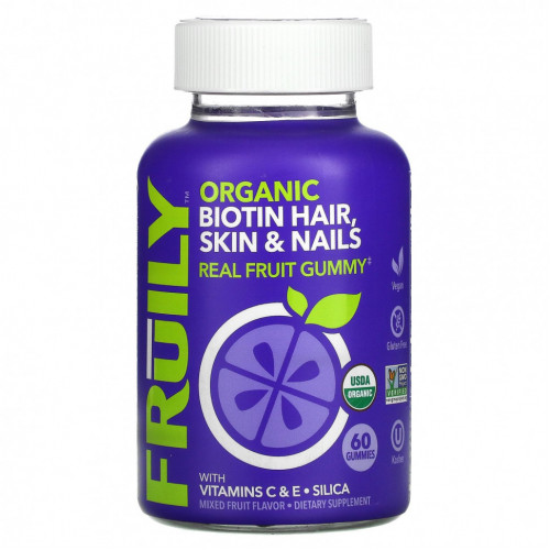 Fruily, Organic Biotin Hair, Skin & Nails, With Vitamins C & E, Zinc, Mixed Fruit, 60 Gummies