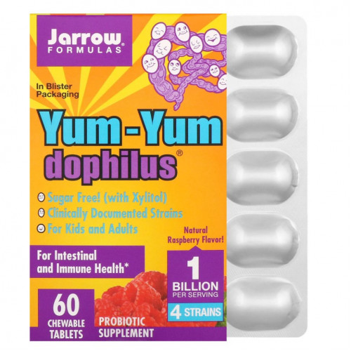 Jarrow Formulas, Yum-Yum Dophilus без сахара !, натуральный малиновый вкус, 60 жевательных таблеток