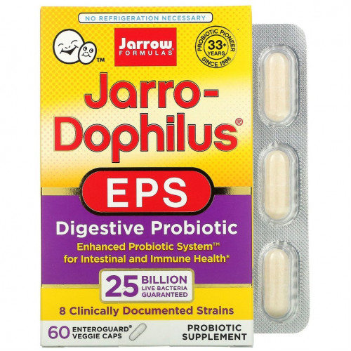 Jarrow Formulas, Jarro-Dophilus EPS, пробиотики, 25 млрд, 60 вегетарианских капсул с технологией Enteroguard