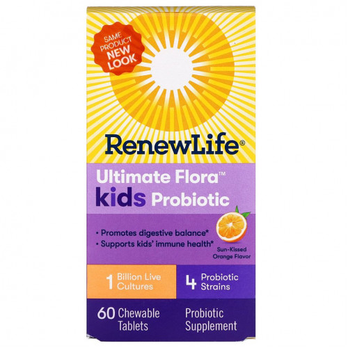 Renew Life, Ultimate Flora, пробиотик для детей, спелый апельсин, 1 млрд живых культур, 60 жевательных таблеток