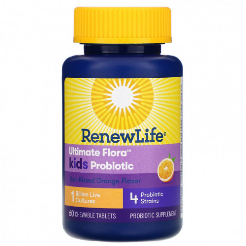 Renew Life, Ultimate Flora, пробиотик для детей, спелый апельсин, 1 млрд живых культур, 60 жевательных таблеток