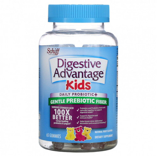 Schiff, Digestive Advantage Kids, Daily Probiotic + Gentle Prebiotic Fiber, Natural Fruit Flavors, 65 Gummies