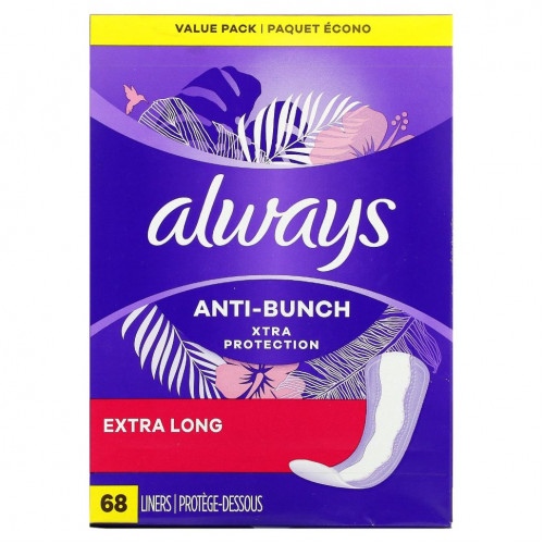 Always, Ежедневные вкладыши Anti-Bunch Xtra Protection, удлиненные, 68 вкладышей