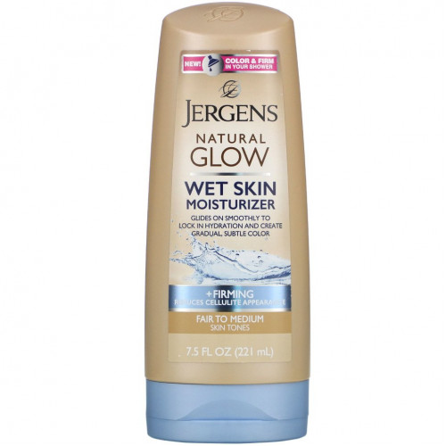 Jergens, Natural Glow, увлажняющее средство для нанесения на влажную кожу, придает упругость, для светлых и средних тонов кожи, 221 мл