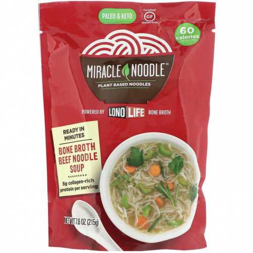 Miracle Noodle, Суп с лапшой на костном бульоне, говяжий, 215 г (7,6 унции)