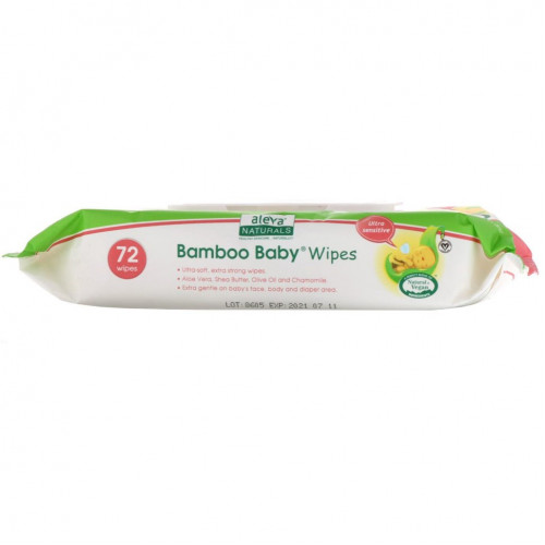 Aleva Naturals, Влажные салфетки для сверхчувствительной кожи Bamboo Baby Wipes, без отдушки, 72 влажных салфетки, 7,9 x 6,7 дюймов (17 x 20 см)