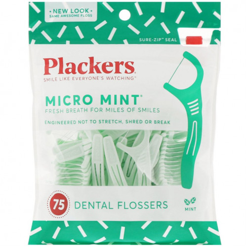 Plackers, Micro Mint, зубочистки с нитью, мята, 75 шт.