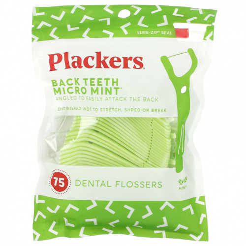 Plackers, Micro Mint, зубочистки с нитью для задних зубов, мята, 75 шт.