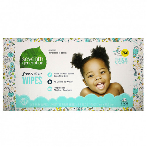 Seventh Generation, Baby Wipes, Free & Clear, 768 Wipes