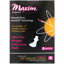 Maxim Hygiene Products, Ультратонкие, сверхдлинные подушечки с крыльями, технология Natural Silver MaxION, Super Plus, 8 подушечек