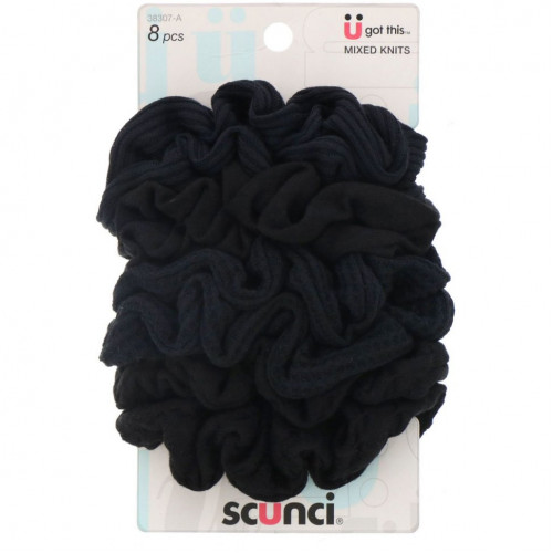 Scunci, Резинки для волос Mixed Knits Ponytail Holder, черные, 8 штук