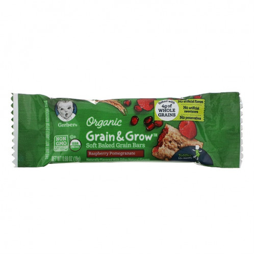 Gerber, Organic, Grain & Grow, мягкие запеченные зерновые батончики, от 12 месяцев, со вкусом малины и граната, 8 батончиков в индивидуальной упаковке