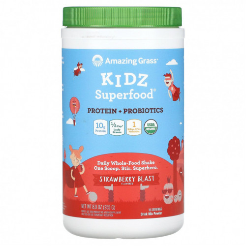 Amazing Grass, Kidz Superfood, протеин и пробиотики, клубничный взрыв, 255 г (8,9 унции)