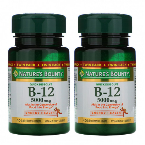 Nature's Bounty, Витамин B12, Twin Pack, натуральный вишневый вкус, 5000 мкг, 40 быстрорастворимых таблеток