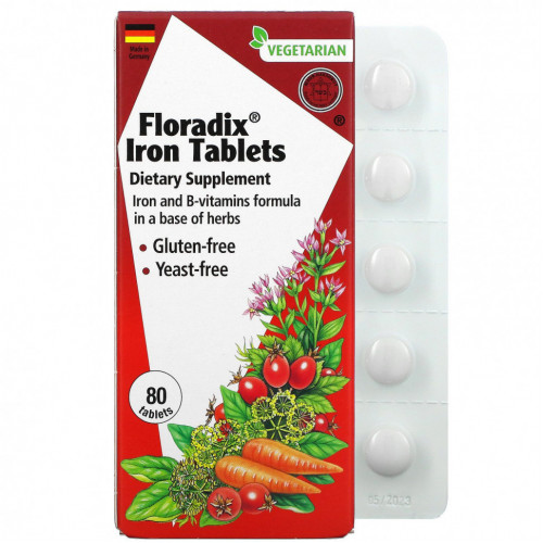 Gaia Herbs, Floradix, железо в таблетках, 80 таблеток