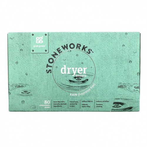 Grab Green, Stoneworks, Dryer Sheets Rain, 80 Compostable Sheets