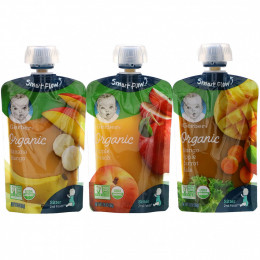 Gerber, Organic, набор с разными вкусами: манго, яблоко, морковь и листовая капуста, яблоко и персик, банан и манго, 9 пакетиков, 99 г (3,5 г) каждый