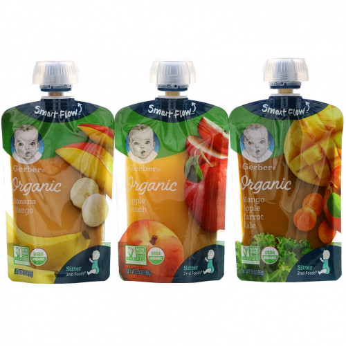 Gerber, Organic, набор с разными вкусами: манго, яблоко, морковь и листовая капуста, яблоко и персик, банан и манго, 9 пакетиков, 99 г (3,5 г) каждый