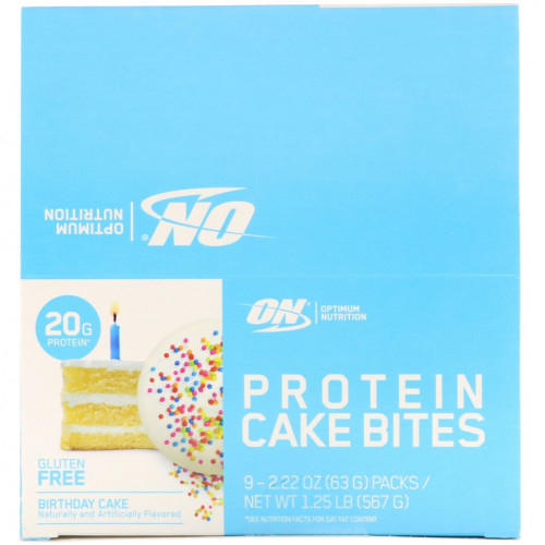 Optimum Nutrition, Protein Cake Bites, Торт на день рождения, 9 батончиков, 2,22 унции (63 г) каждый