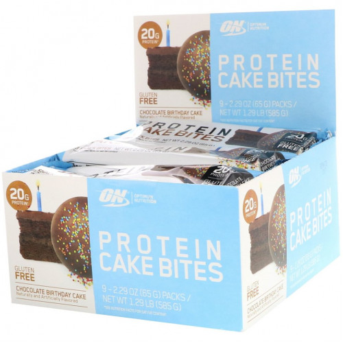 Optimum Nutrition, Protein Cake Bites, шоколадный торт на день рождения, 9 батончиков, 65 г (2,29 унции)