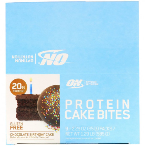 Optimum Nutrition, Protein Cake Bites, шоколадный торт на день рождения, 9 батончиков, 65 г (2,29 унции)