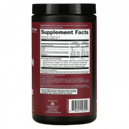 Dr. Axe / Ancient Nutrition, Multi Collagen Protein, Recovery, Mixed Berry Flavor, 9.45 oz (268 g)