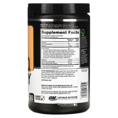 Optimum Nutrition, Энергия основных аминокислот, со вкусом персика и лимонада, 9.5 унции(270 г)