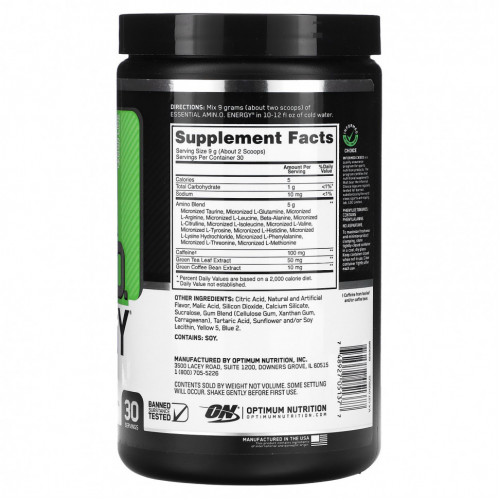 Optimum Nutrition, ESSENTIAL AMIN.O. ENERGY, лимон и лайм, 270 г (9,6 унции)