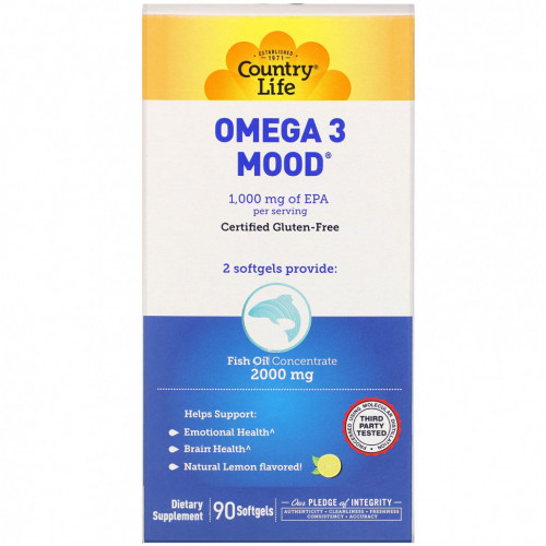 Country Life, Omega 3 Mood, натуральный ароматизатор со вкусом лимона, 90 мягких желатиновых капсул