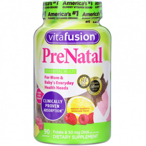 VitaFusion, PreNatal, пренатальная добавка с фолатом и ДГК, с натуральным вкусом малины и лимона, 90 жевательных таблеток