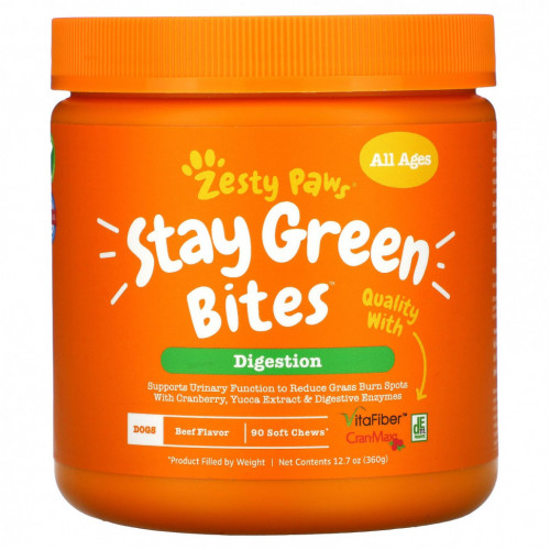 Zesty Paws, Stay Green Bites For Dogs, для пищеварения, для всех возрастов, со вкусом говядины, 90 жевательных таблеток