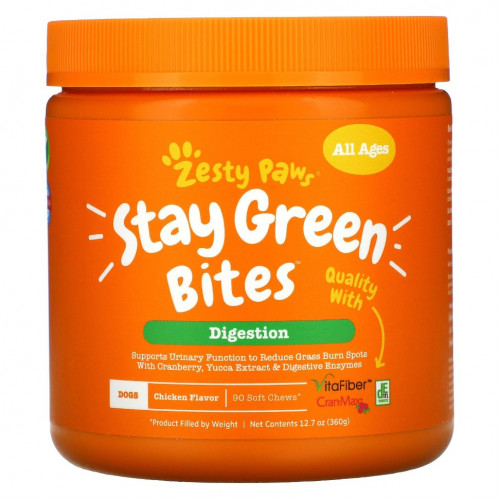 Zesty Paws, Stay Green Bites for Dogs, для пищеварения, для всех возрастов, со вкусом курицы, 90 жевательных таблеток