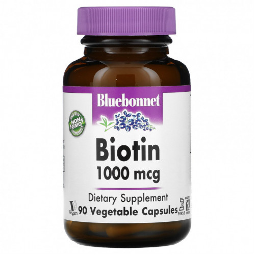 Bluebonnet Nutrition, Биотин, 1000 мкг, 90 вегетарианских капсул